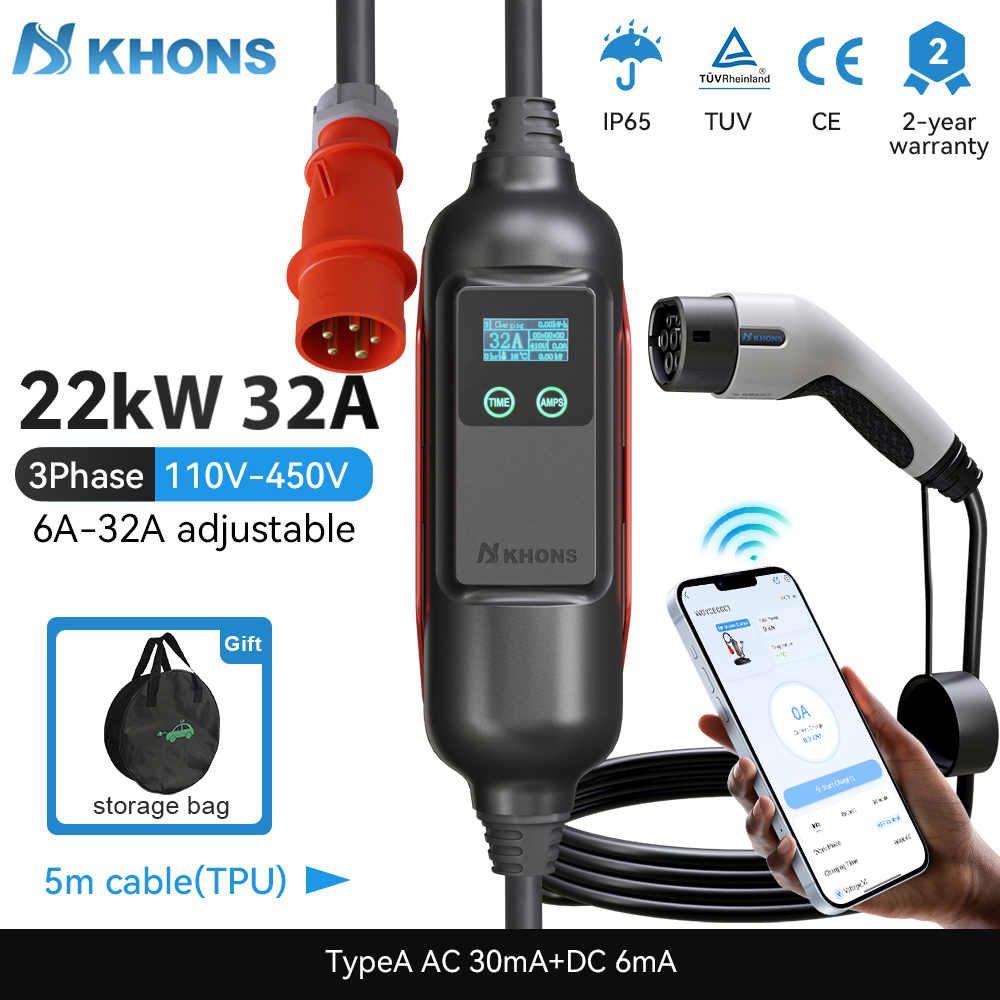 Khons Portable EV Charger Type - đánh giá và giá Portable Ev Charger 32A Type 2 Cee Plug